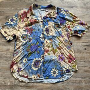 Vintage Hawaiin Shirt Women's XL Colorful Blue Yellow Sunflower DPS New York